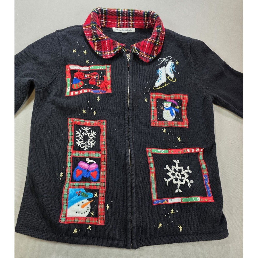 Mercer Street Studio Full Zip Cardigan Small Snowman Mittens Ice Skate Christmas